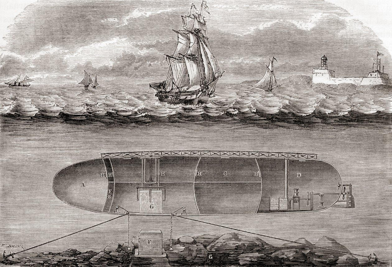 Dr. Antoine Prosper Payernes Submarino do século 19 The Belledone, construído em 1846, From The Wonders of Science, publicado em 1870 de French School