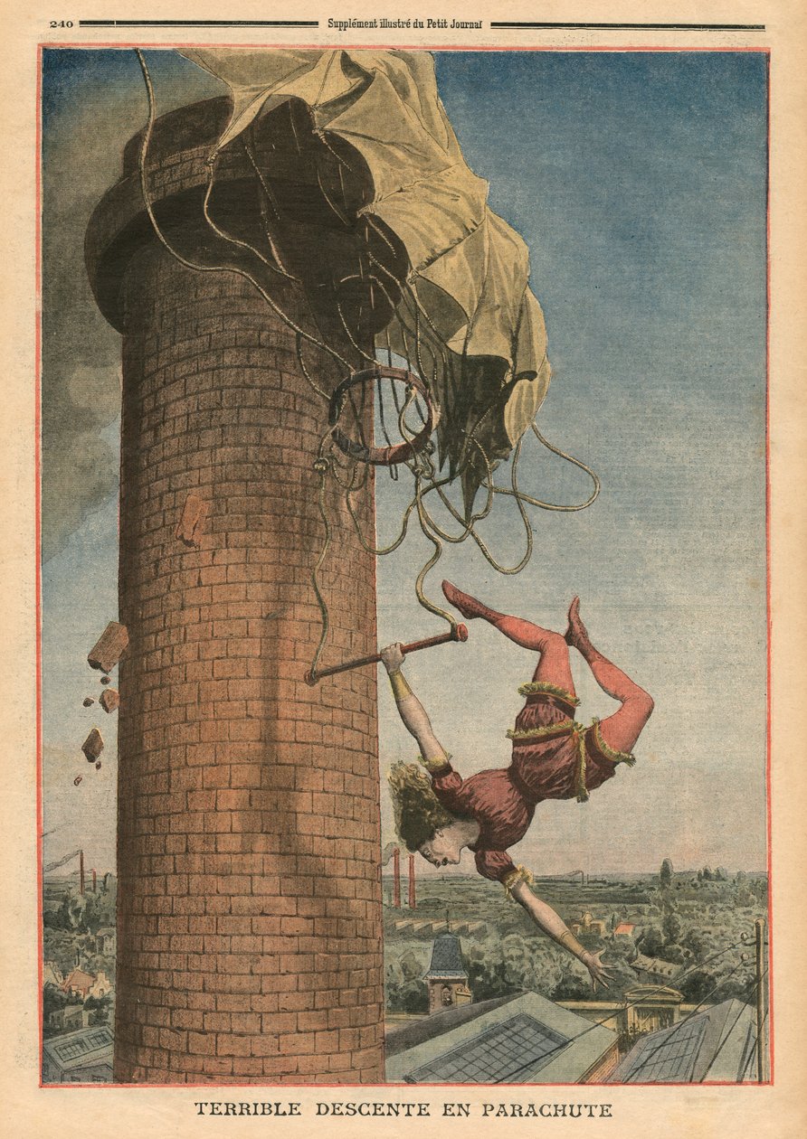 Queda de pára-quedas terrível, ilustração de Viola Spencer, de &39;Le Petit Journal&39;, suplemento illustre, 24 de julho de 1910 de French School