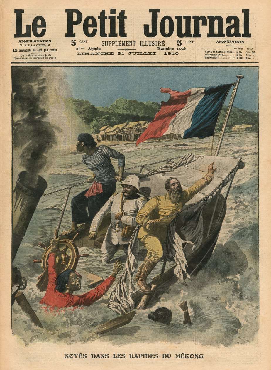 Afogamento nas corredeiras do Mekong, ilustração de &39;Le Petit Journal&39;, suplemento ilustre, 31 de julho de 1910 de French School