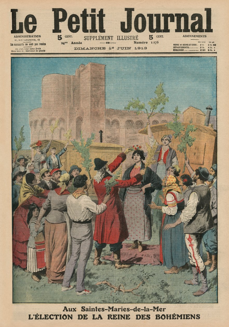 Eleição da Rainha dos Boêmios, Sainte-Maries-de-la-Mer, ilustração da capa do &39;Le Petit Journal&39;, suplemento ilustrativo, 1 de junho de 1913 de French School