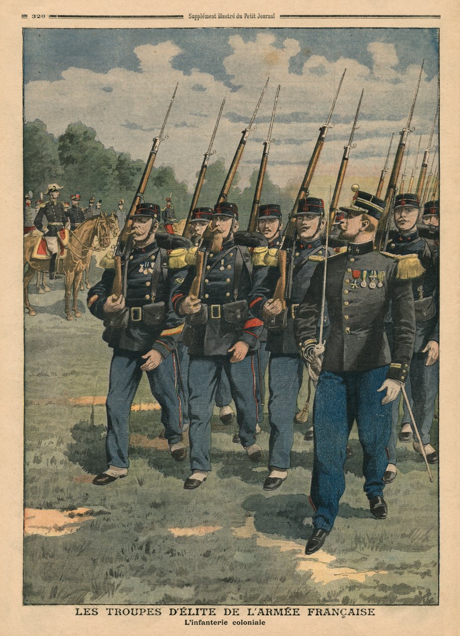 Tropas de elite do exército francês, a infantaria colonial, ilustração do &39;Le Petit Journal&39;, suplemento ilustrado, 6 de outubro de 1907 de French School