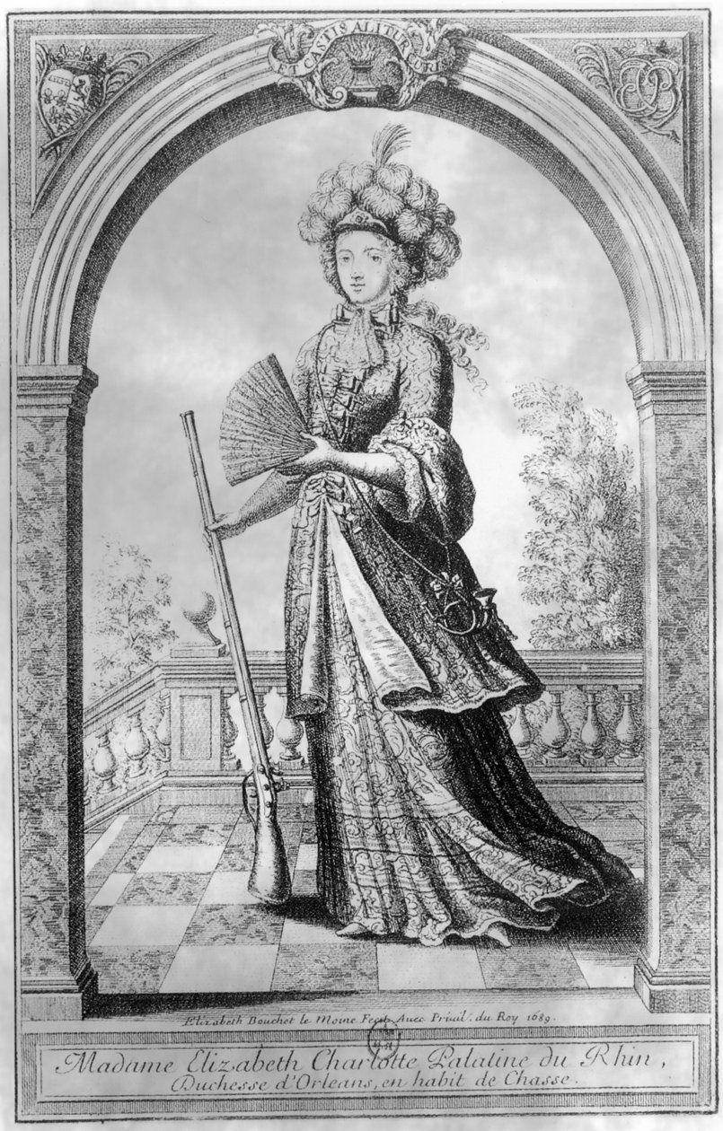 Elizabeth Charlotte do Palatinado, Duquesa de Orleans, em traje de caça, 1689 de French School