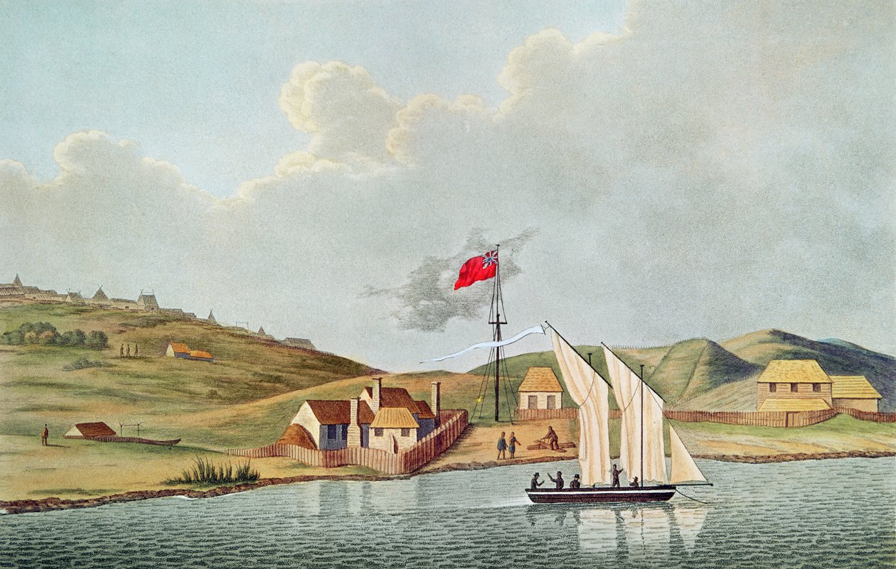 Missionários ingleses em Kidikidi, Nova Zelândia, de "Viagem ao redor do mundo nas corvetas de Urania 1817-20" de Louis Claude de Freycinet (1779-1842) de French School