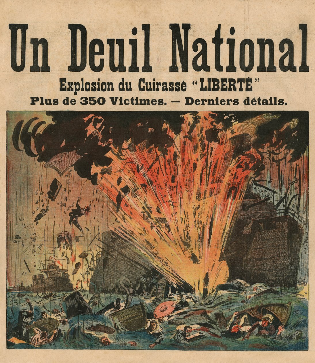 Explosão do navio de guerra pré-dreadnought &39;Liberte&39; no porto de Toulon em 25 de setembro de 1911, ilustração de &39;Le Petit Journal&39;, 1911 de French School
