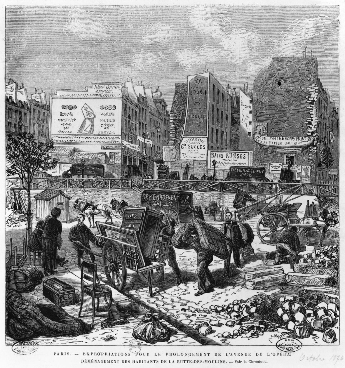 Expropriações durante a ampliação da Avenue de l&39;Opera, habitantes que se mudaram de Butte des Moulins, outubro de 1876 de French School