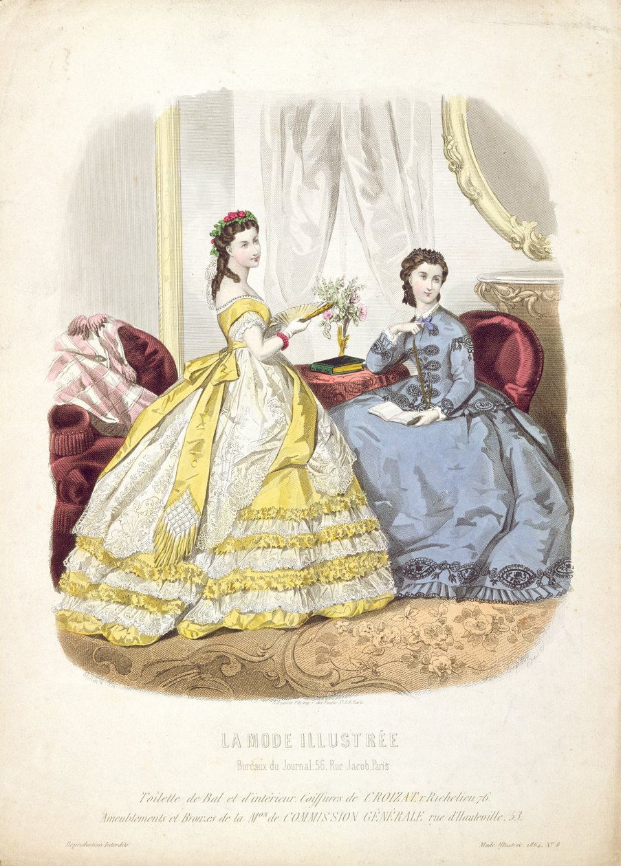 Moda, prato, mostrando, ballgowns, ilustração, &39;La, Mode Illustree&39;, 1864 de French School