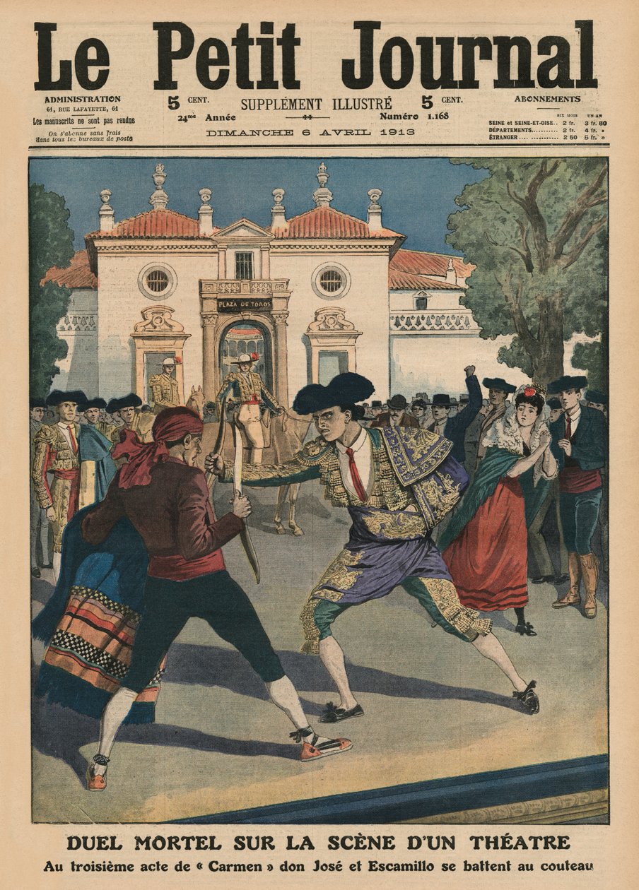 Duelo fatal no palco de um teatro espanhol durante o terceiro ato da ópera &39;Carmen&39;, ilustração da capa do &39;Le Petit Journal&39;, 6 de abril de 1913 de French School