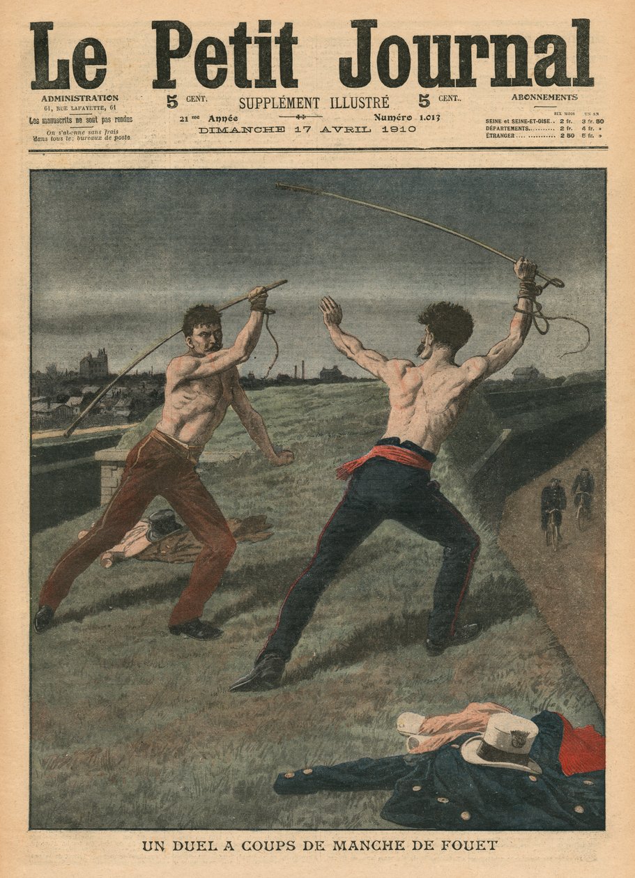 Combatendo um duelo com chicotes, ilustração de &39;Le Petit Journal&39;, suplemento ilustre, 17 de abril de 1910 de French School