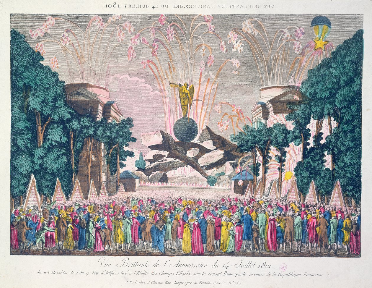 Fogos de artifício no Etoile, Champs-Elysees, Paris, para comemorar o aniversário de 14 de julho de 1801 de French School