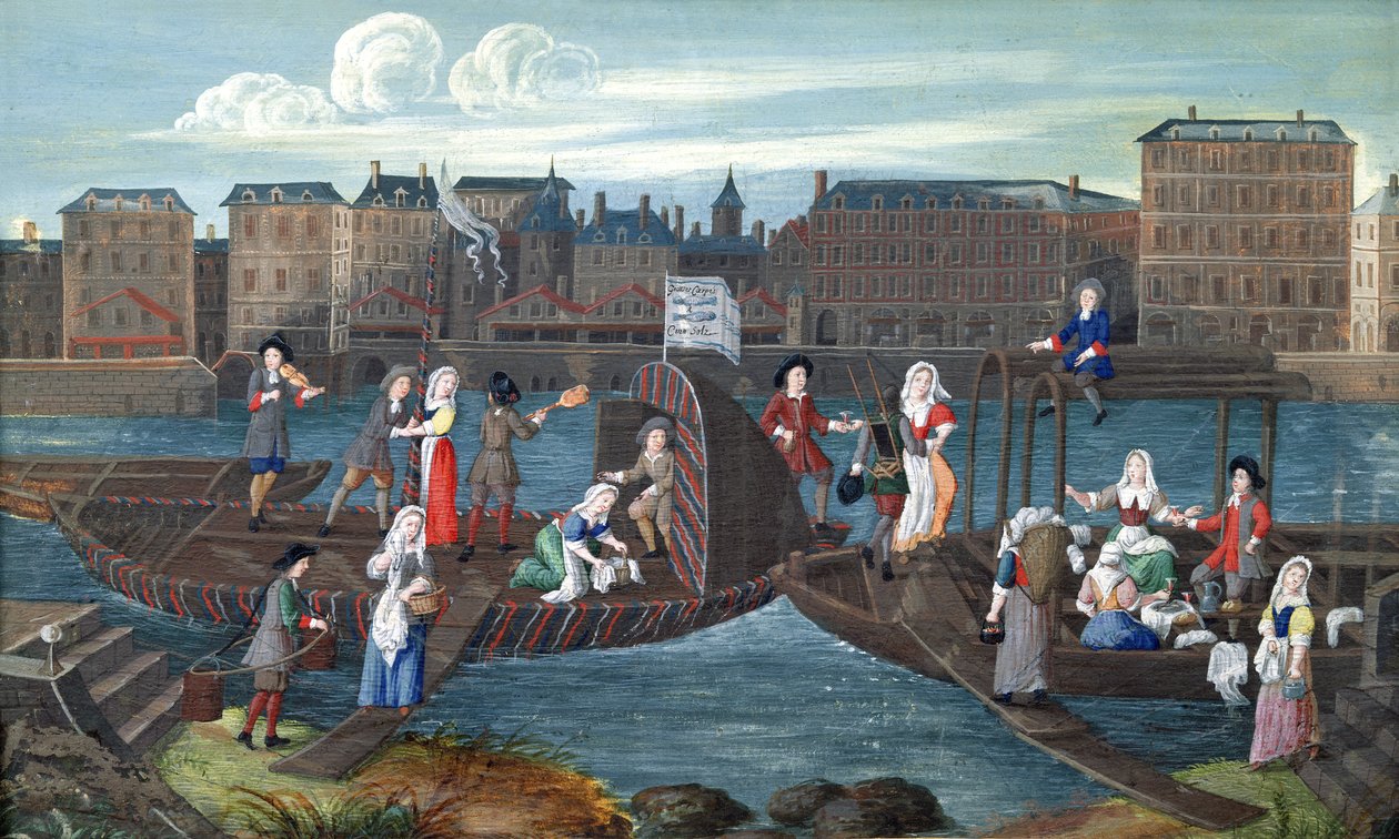 Peixaria e barco de lavanderia no Quai de la Megisserie, c.1670 de French School