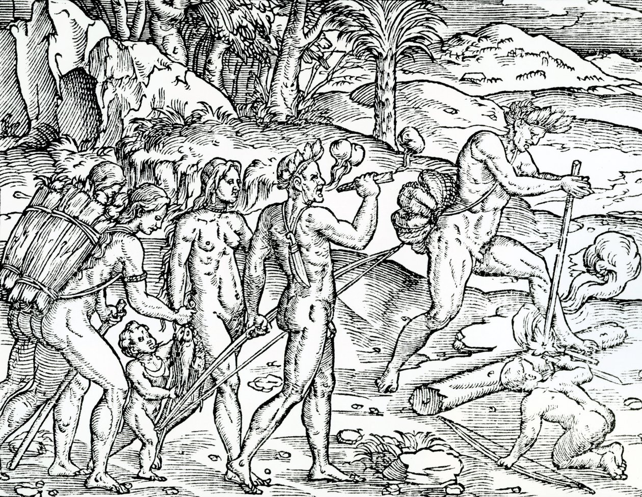 Cena de pesca, Brasil, ilustração de Singularities of France Antarctique, por Andre de Thevet, 1558 de French School