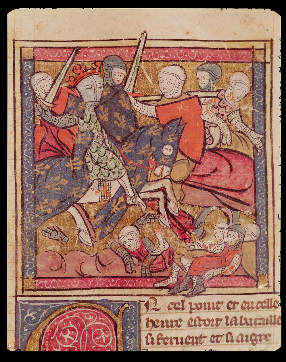 Fol.85r A captura de Fernando de Portugal (1186-1233) Conde de Flandres na Batalha de Bouvines, em 27 de julho de 1214, das Grandes Chroniques de France, 1375-79 de French School