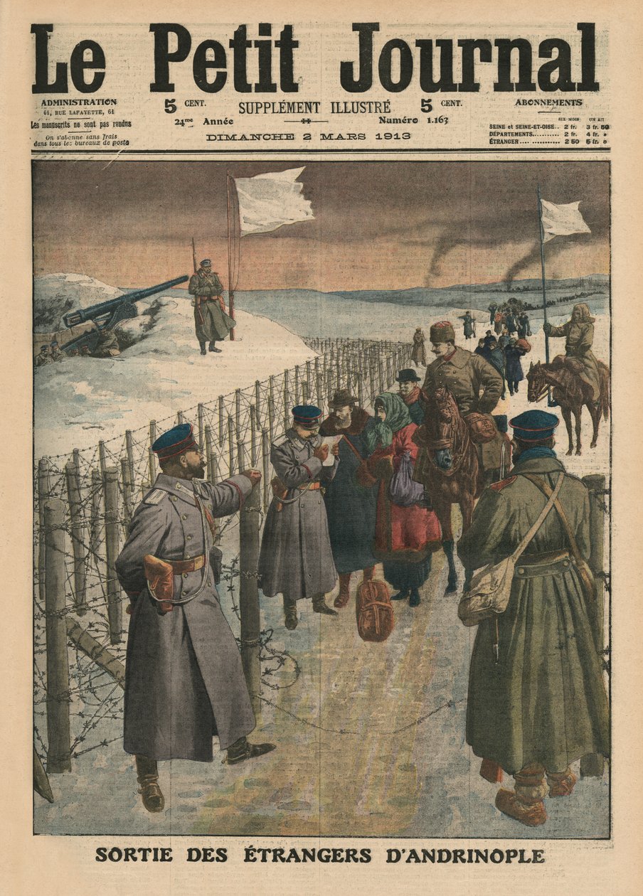Estrangeiros saindo de Andrinople, ilustração da capa do &39;Le Petit Journal&39;, suplemento ilustrativo, 2 de março de 1913 de French School