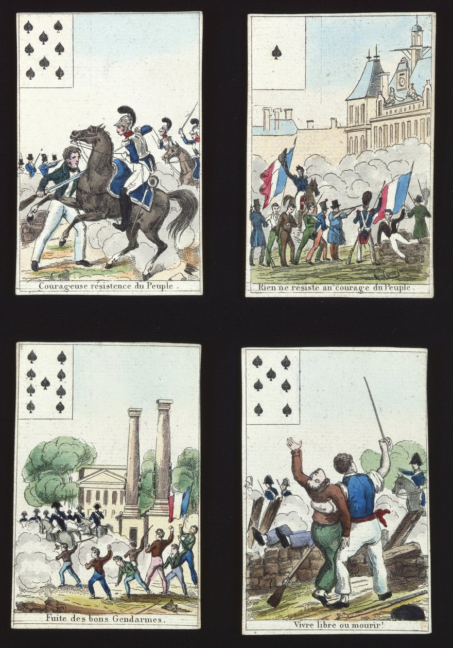 Quatro cartas de um pacote ilustrado com cenas de propaganda da Revolução de 1830, Paris, 1831 de French School