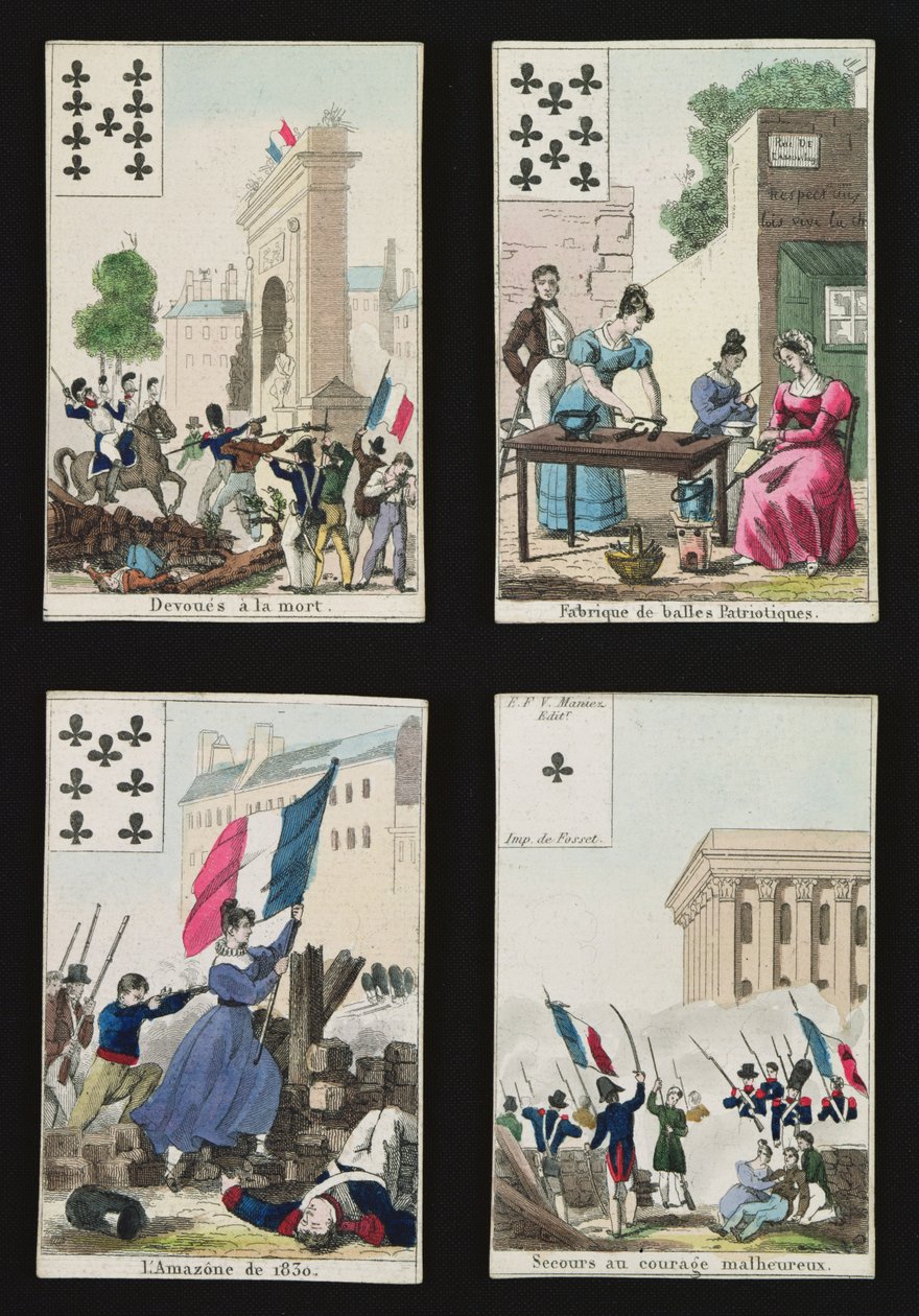 Quatro cartas de baralho comemorando os heróis de julho de 1830, 1831 de French School