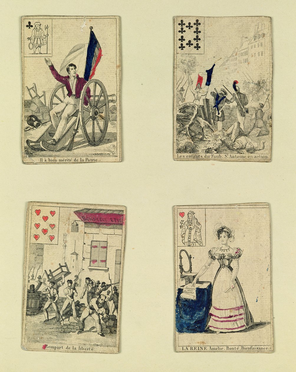 Quatro cartas de baralho comemorando os heróis de julho de 1830, 1831 de French School