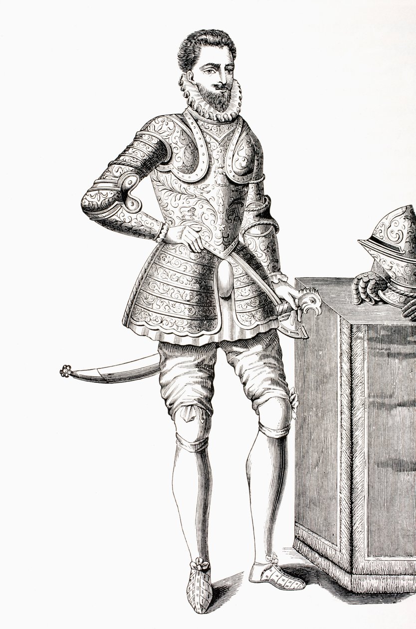 Francis, duque de Anjou e Alencon, vestido com armadura damascena do século 16, de "Les Arts au Moyen Age", publicado em 1873 de French School