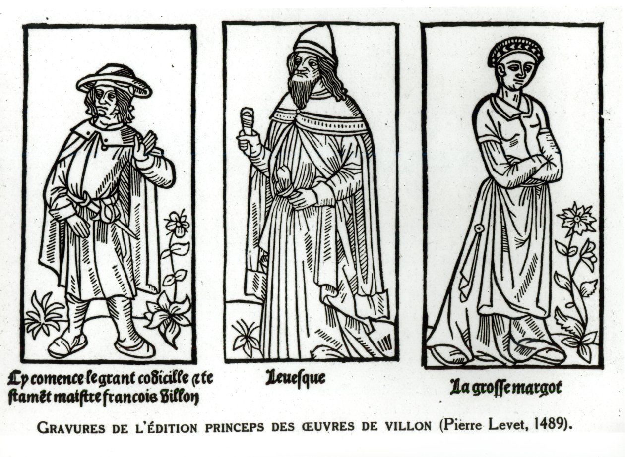 Francois Villon (1431-63) Bispo Thibaud de Auxigny e Grosse Margor, de &39;Oeuvres&39; de Francois Villon, pub. 1489 de French School