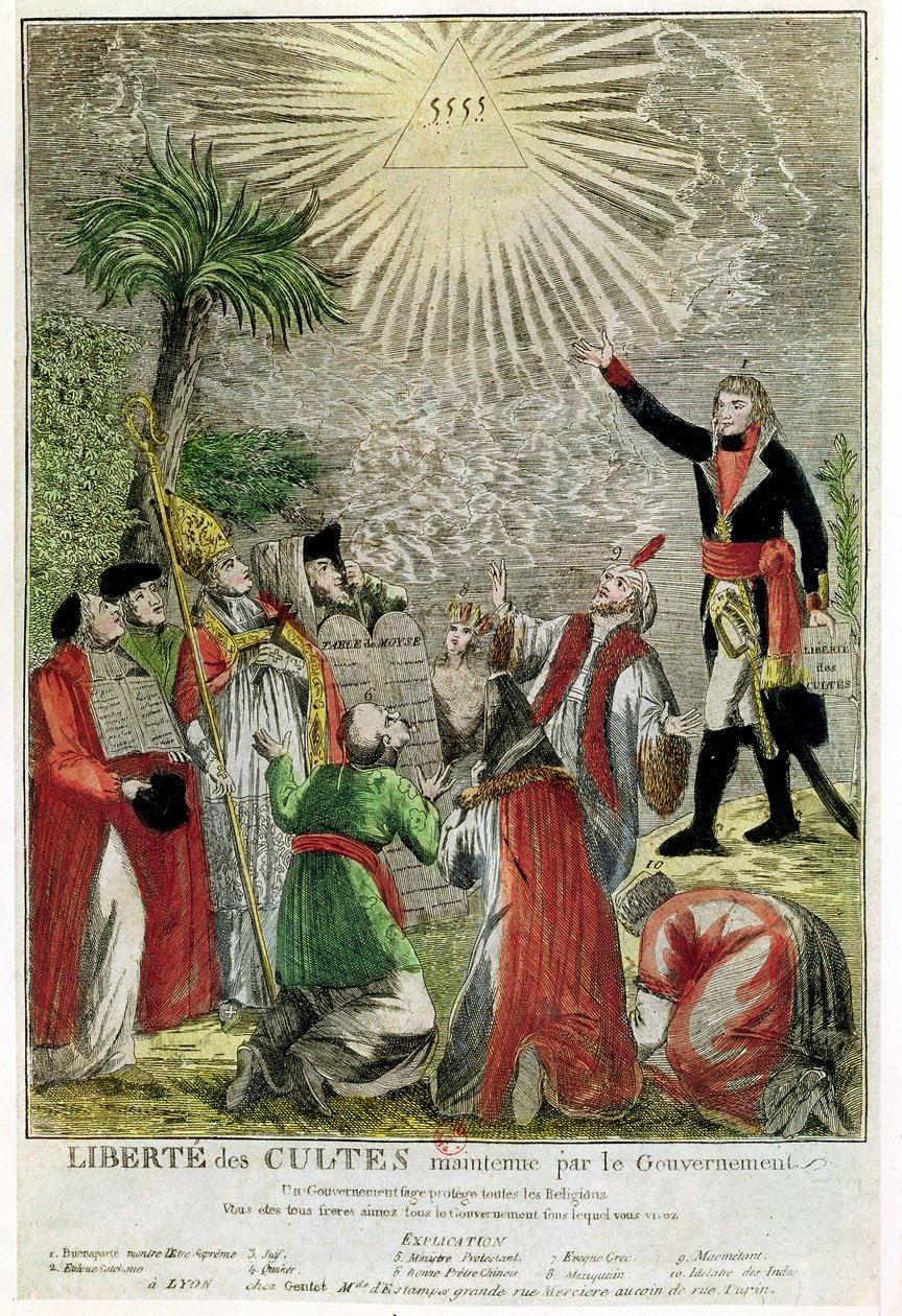 Liberdade de culto durante o período do consulado de Napoleão, representando Napoleão apontando para o Ser Supremo, 1799 (gravura colorida) de French School