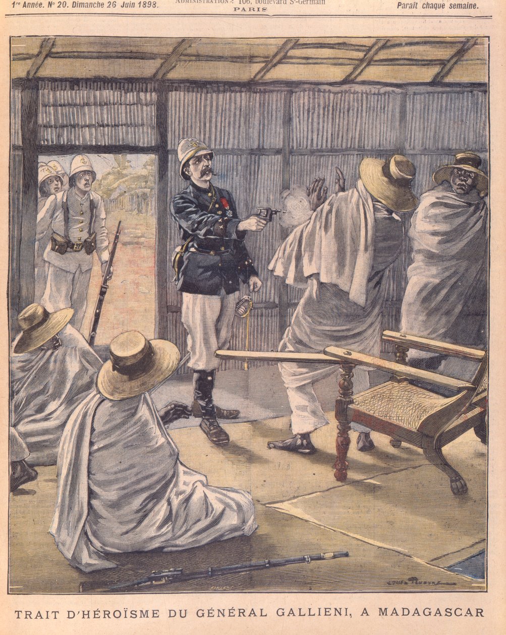 Escritura heróica do general Gallienis em Madagascar, capa do Le Petit Journal, 26 de junho de 1898 de French School