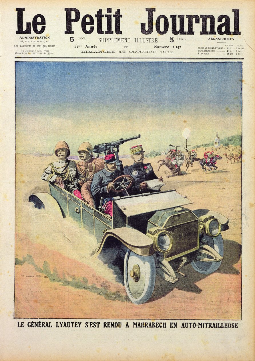 General Lyautey (1854-1934) indo a Marrakesh em um carro blindado, de &39;Le Petit Journal&39;, 13 de outubro de 1912 de French School