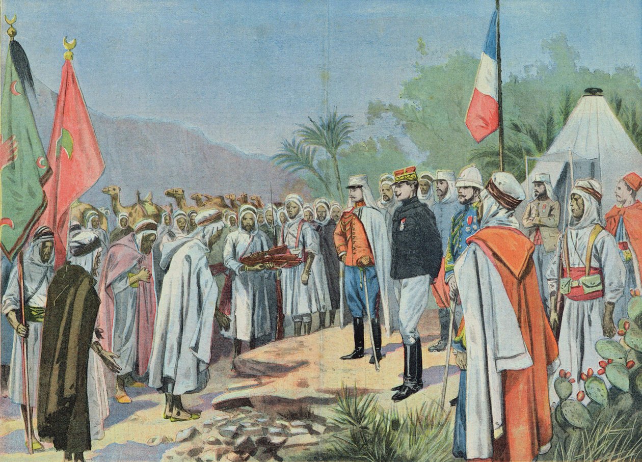 General Lyautey (1854-1934) recebendo a rendição de uma tribo rebelde em Marrocos, de &39;Le Petit Parisien&39;, 1912 de French School