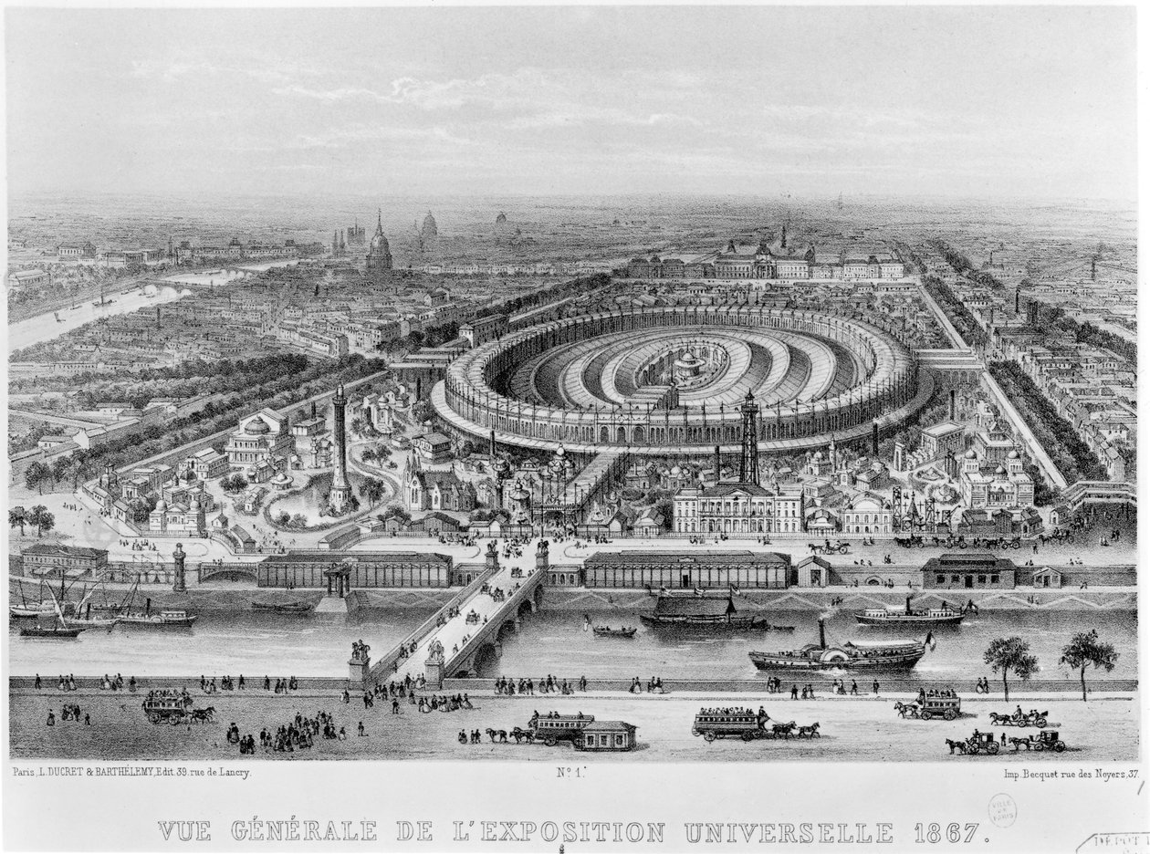 Vista geral da exposição Universelle, Paris em 1867 de French School