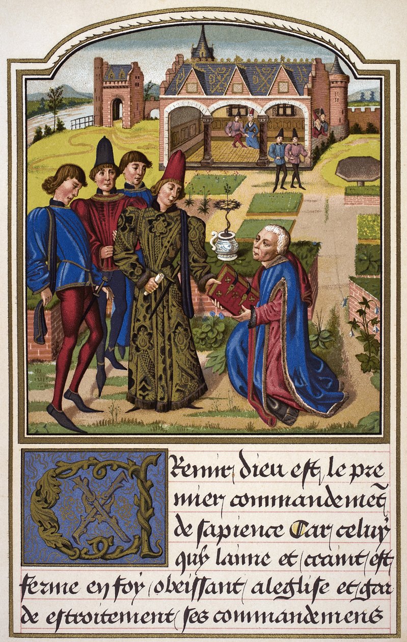 Georges Chastellain oferece seu livro a Charles, Duque de Borgonha, de "Ciência e Literatura na Idade Média", de Paul Lacroix (1806-84), publicado em Londres, em 1878. de French School