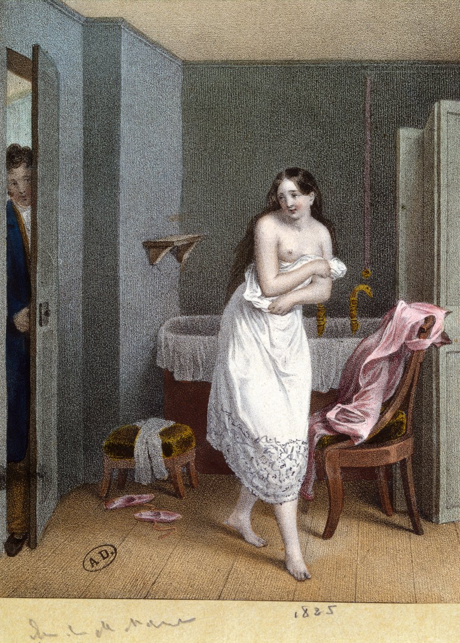 Garota em uma casa de banho e homem abrindo a porta, 1825 de French School