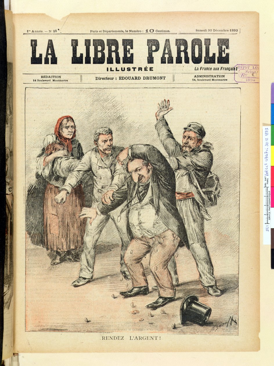 Give Back the Money !, capa da revista La Libre Parole, 30 de dezembro de 1893 de French School