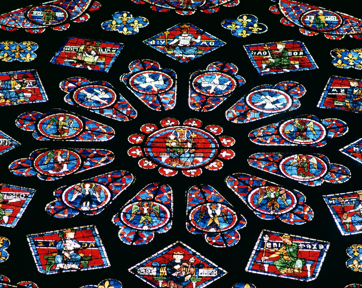 Glorificação da Virgem Maria, rosácea norte, c.1223 (vitral) (detalhe) de French School