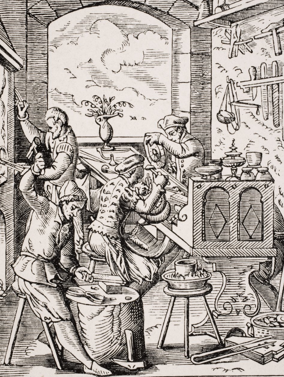 Goldsmith, reprodução de uma xilogravura de Jost Amman (1539-91) de "A Idade Média e o Renascimento", de Paul Lacroix (1806-84), publicada em 1847 de French School