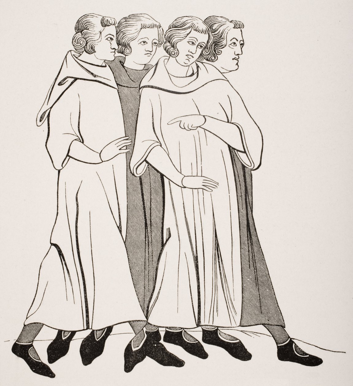 Grupo de Bourgeois, depois de uma miniatura em um manuscrito do século 13, de "Le Moyen Age et La Renaissance", de Paul Lacroix (1806-84), publicado em 1847 de French School