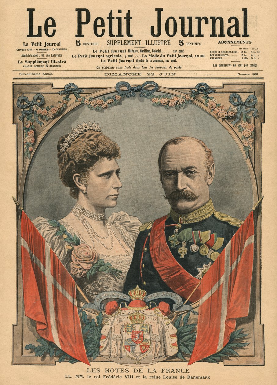 Convidados da França, rei Frederico VIII (1843-1912) e rainha Louise (1851-1926) da Dinamarca, ilustração de &39;Le Petit Journal&39;, suplemento 23 de junho de 1907 de French School