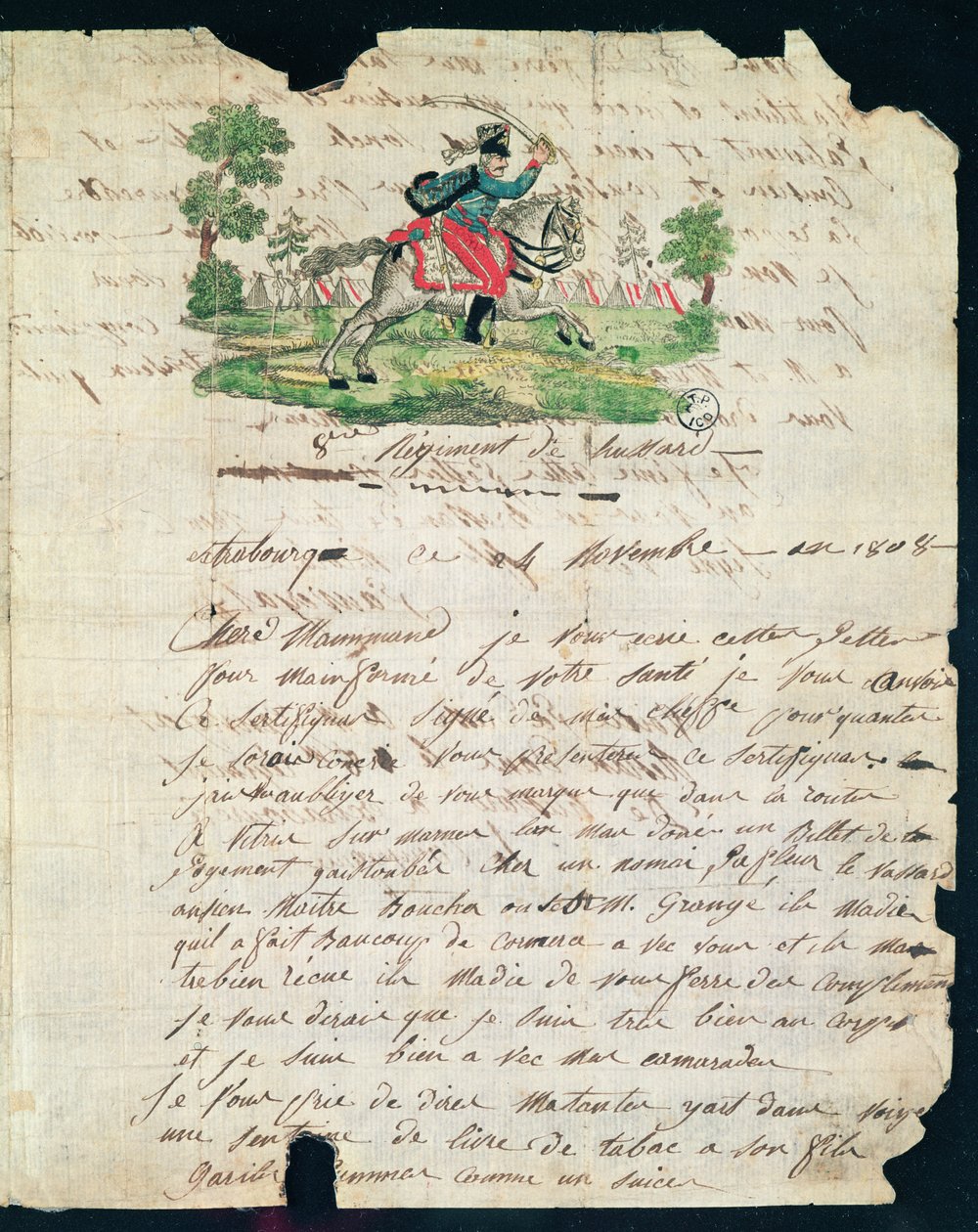 Carta ilustrada de um hussardo do 8º Regimento para sua mãe, 14 de novembro de 1808 (caneta e tinta no papel) de French School