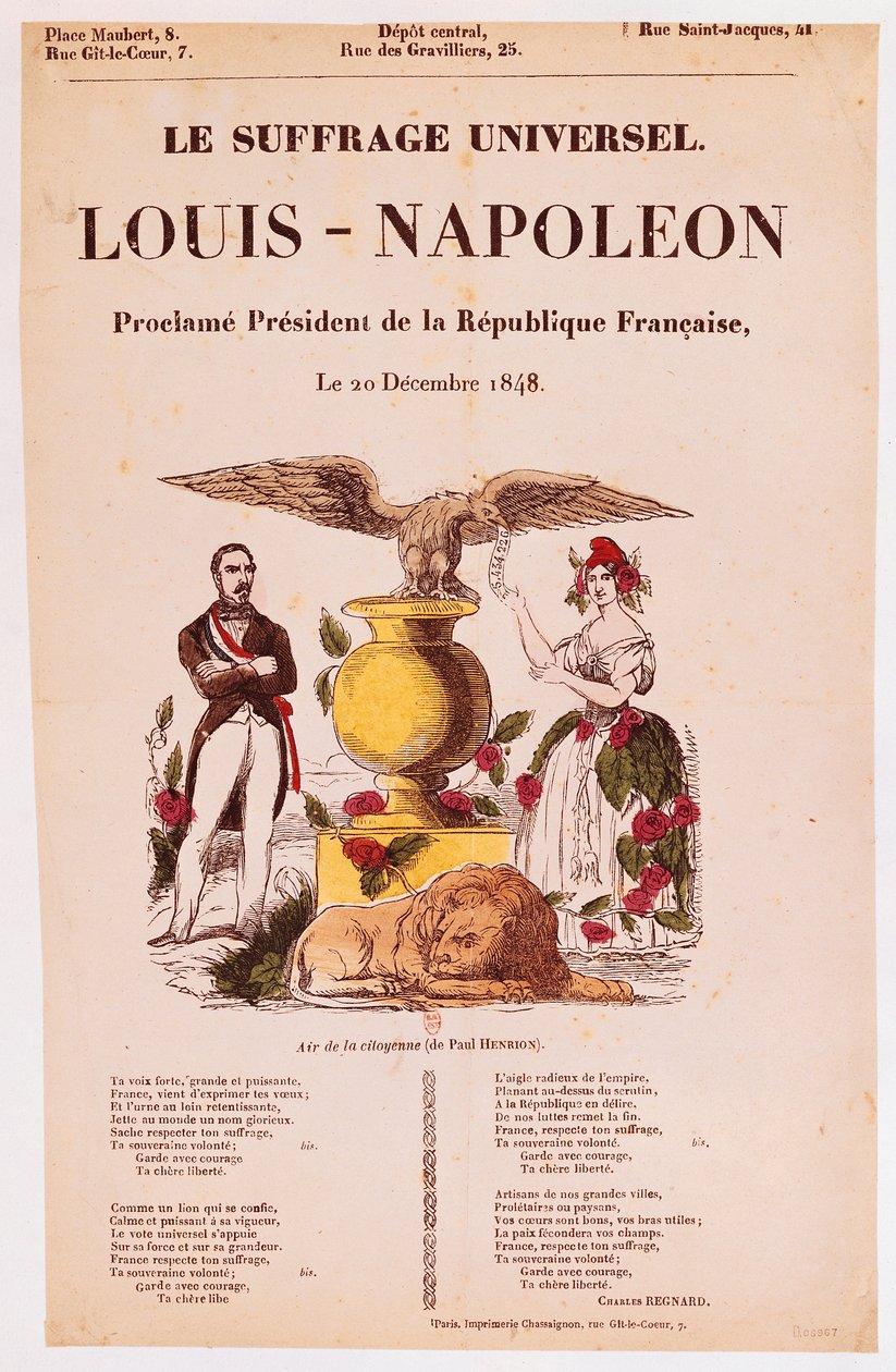 Folha lírica ilustrada para &39;O Sufrágio Universal, Louis Napoleon proclama Presidente da República Francesa&39;, 1848 (cor xilogravura) de French School