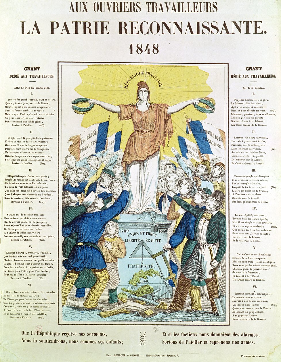 Folha lírica ilustrada de uma canção dedicada aos trabalhadores, 1848 de French School