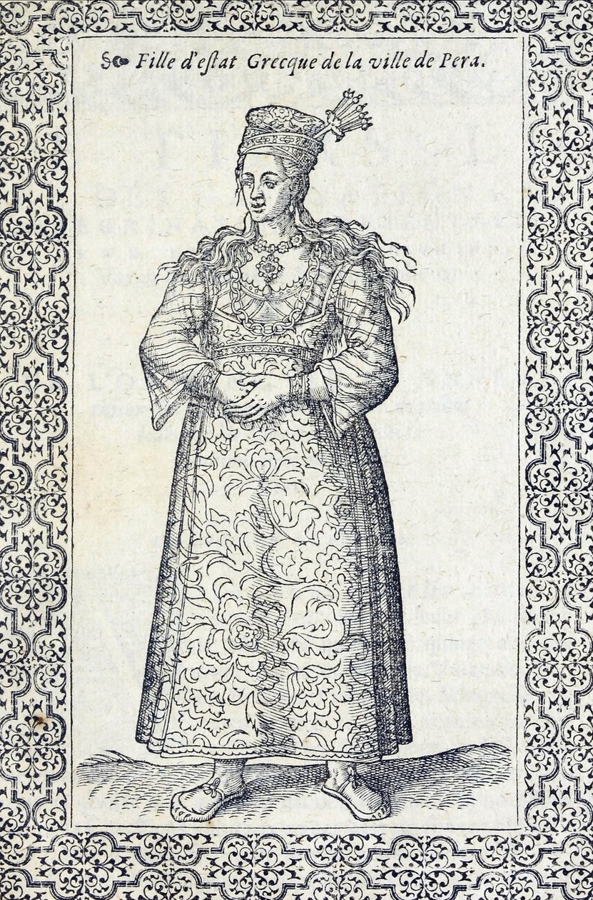 Ilustração de uma garota grega de Pera, de navegações, peregrinações e viagens, feitas na Turquia, por Nicolas de Nicolay, antes de 1576 de French School