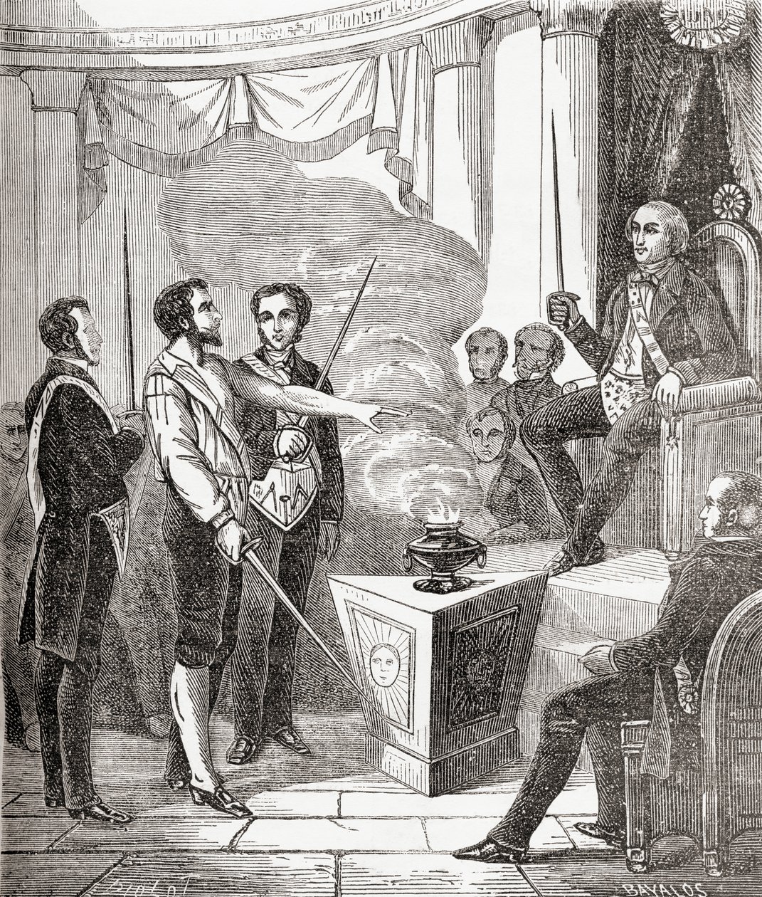Iniciação de um maçom francês na irmandade, de &39;Societes Secretes, les Francs Macons&39;, publicado em 1887 de French School