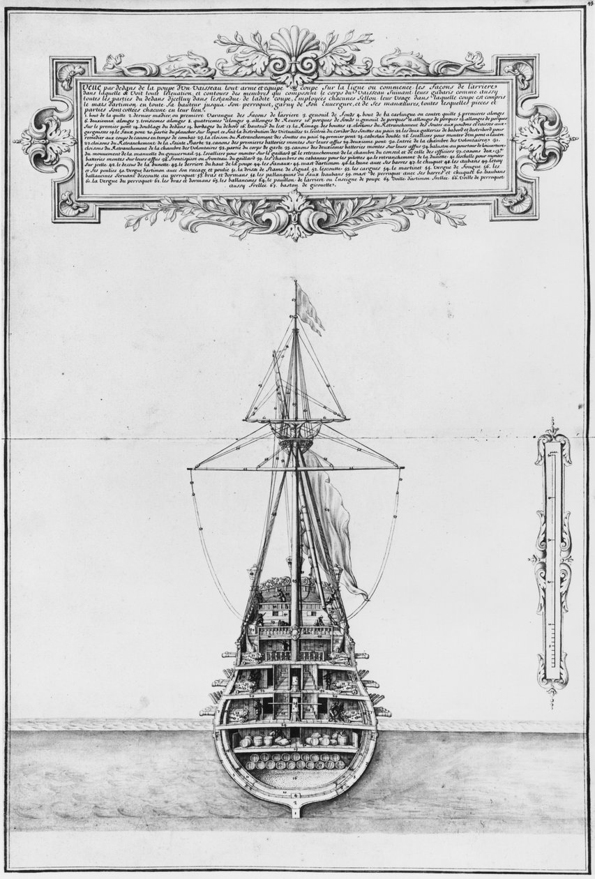 Popa interior de um navio totalmente armado e equipado, ilustração do &39;Atlas de Colbert&39;, placa 43 (lápis und wc no papel) de French School