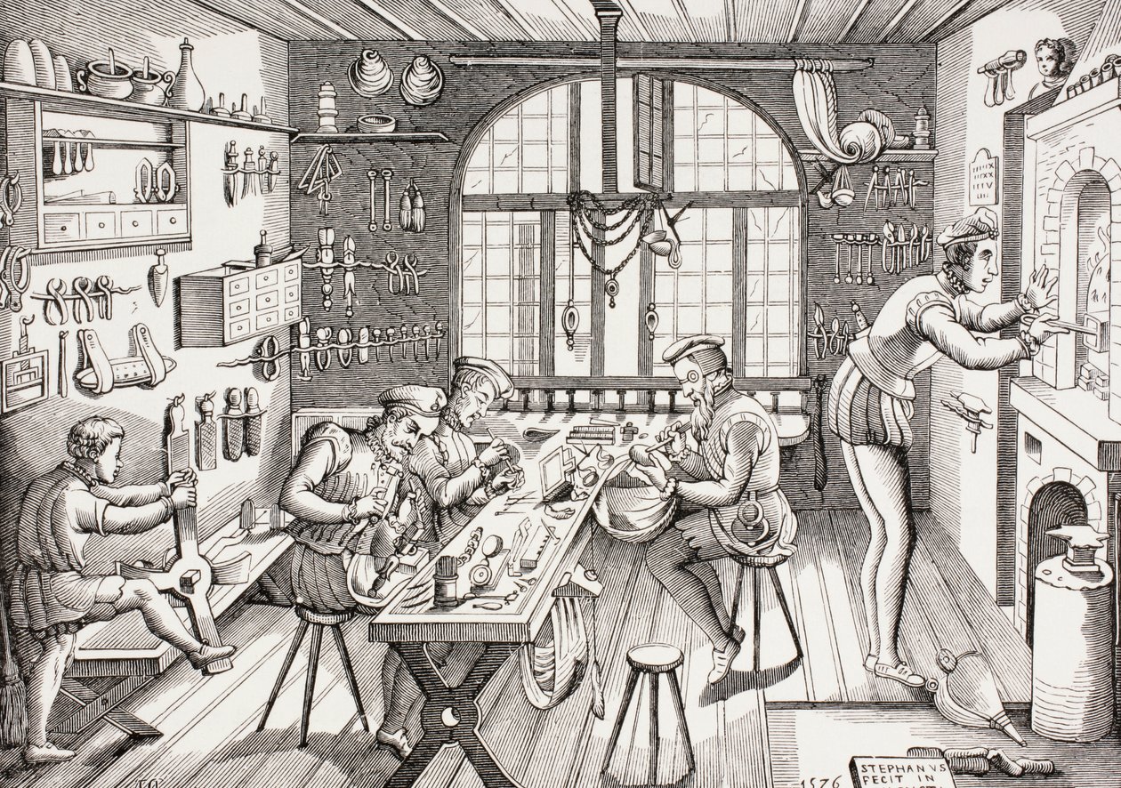 Interior da oficina de Etienne Delaune, de "As Artes na Idade Média", publicado em 1873 de French School