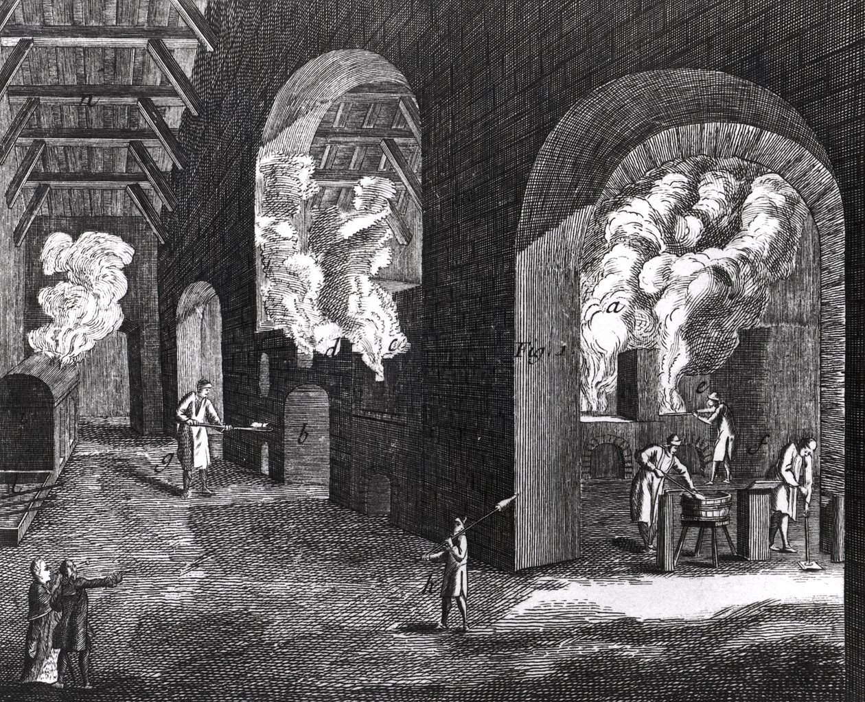 Interior de uma fábrica de vidro de French School