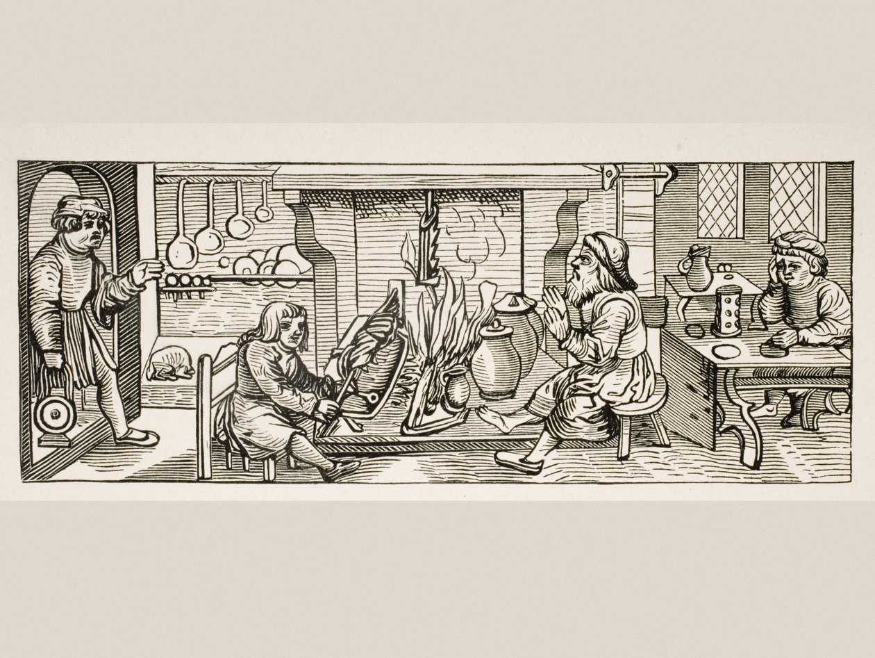 Interior de uma cozinha, depois de uma xilogravura em Calendarium Romanum por Jean Staeffler, impresso em Tubingen, Alemanha, 1518, de Le Moyen Age et La Renaissance por Paul Lacroix (1806-84) publicado em 1847 de French School