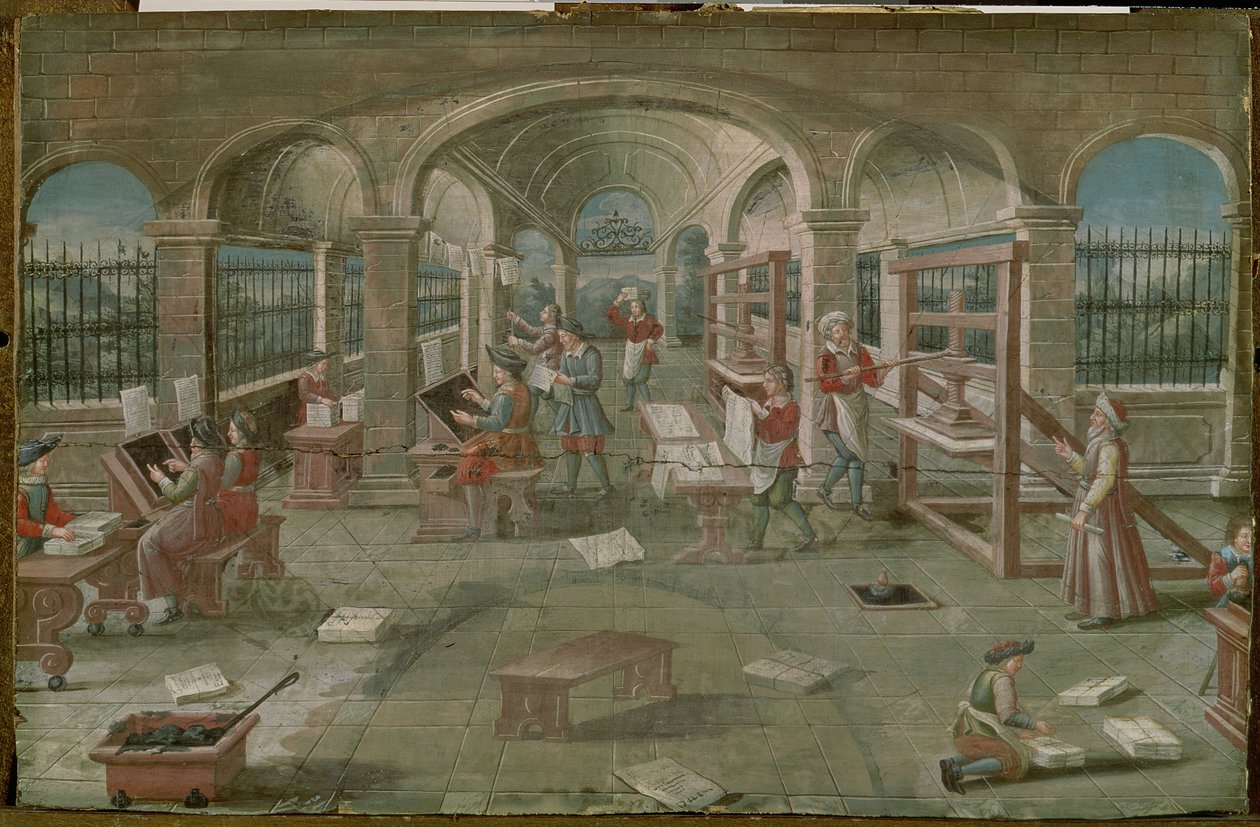 Interior de uma gráfica funciona no século XVI de French School