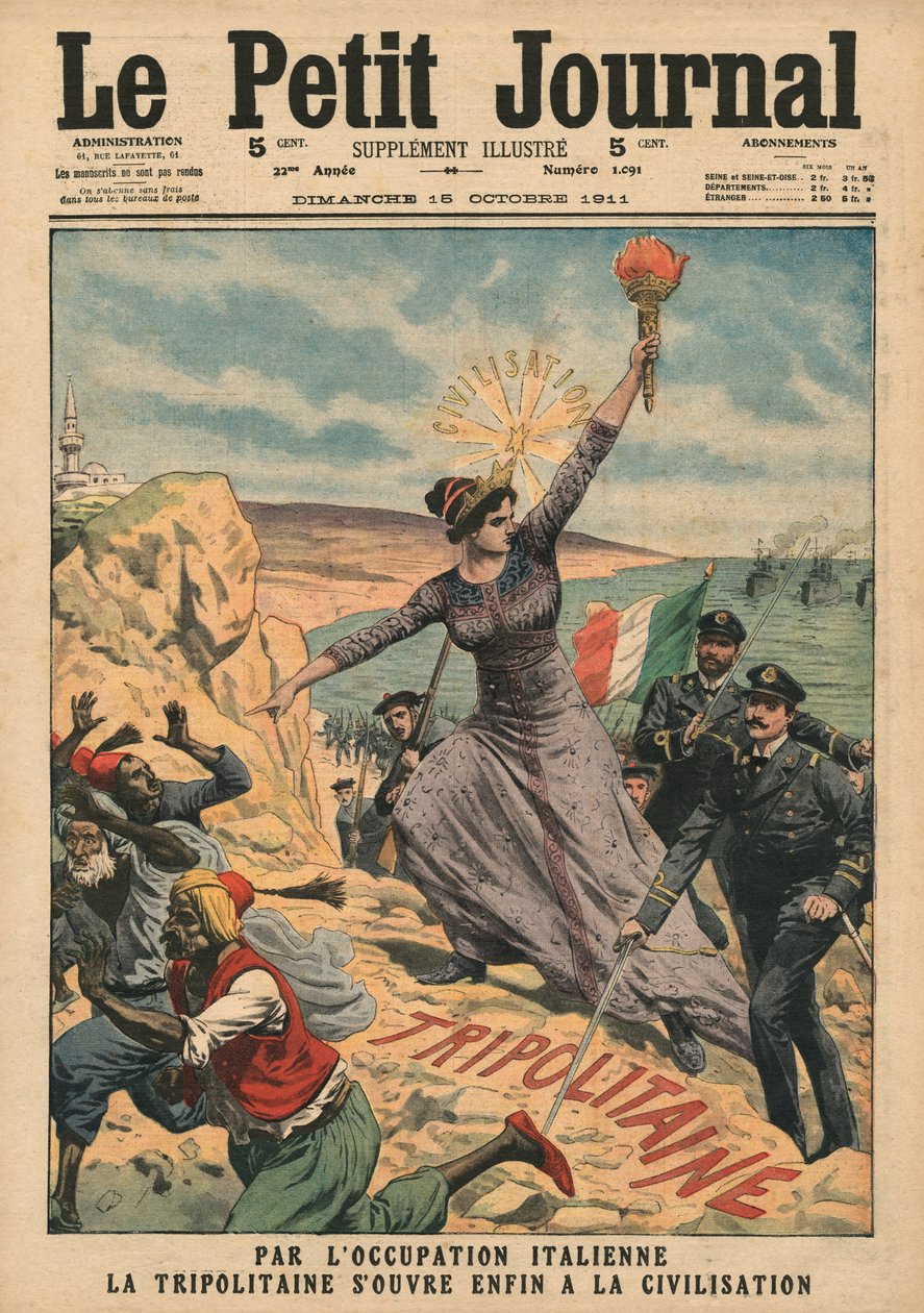 Itália fornecendo civilização à Tripolitânia, ilustração de &39;Le Petit Journal&39;, suplemento ilustre, 15 de outubro de 1911 de French School