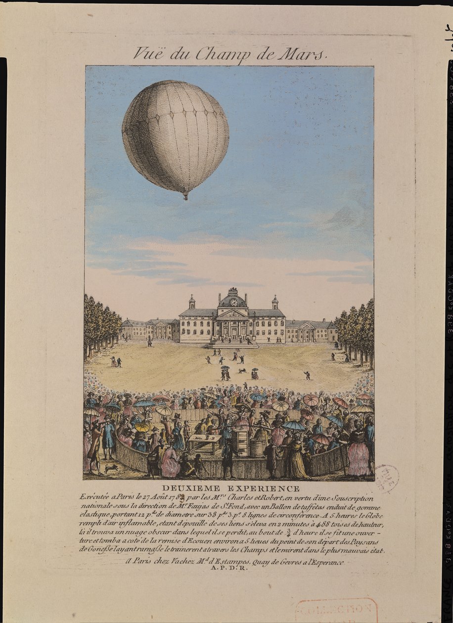 Jacques Alexandre Cesar Charles (1746-1823) e Nicolas Louis Robert (1761-1828) no Champ de Mars em Paris, 27 de agosto de 1783 de French School