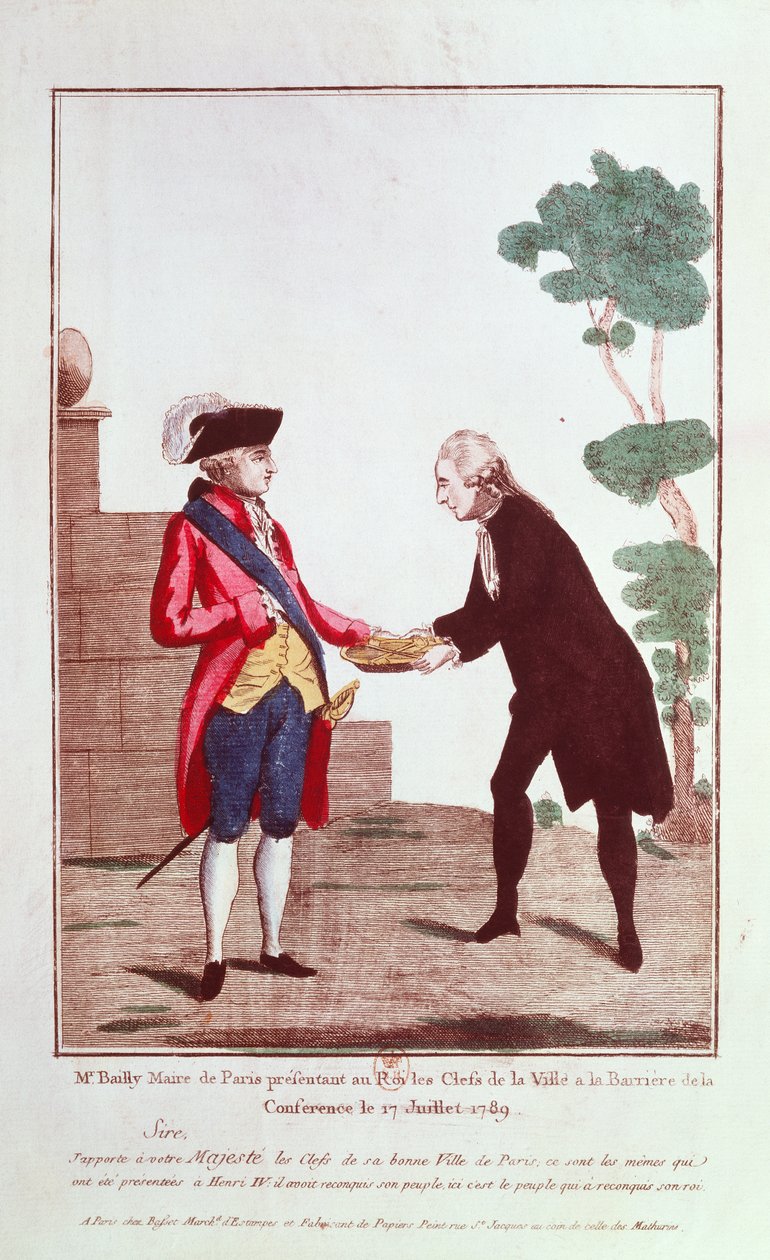 Jean Sylvain Bailly (1736-93) apresentando Louis XVI (1754-93) com as chaves da cidade de Paris, 17 de julho de 1789 de French School