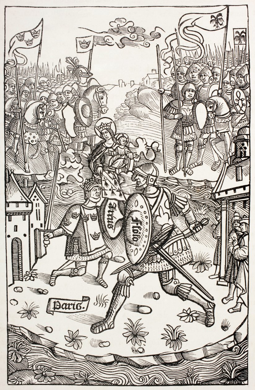 Rei Artus, protegido pela Virgem, lutando contra um gigante, de "A vida militar e religiosa na Idade Média", de Paul Lacroix, publicou Londres c.1880 de French School