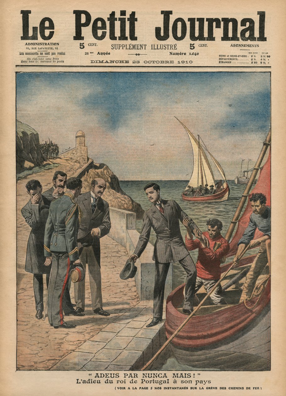 D. Manuel II de Portugal despede-se do seu país, Adeus par nunca mais, ilustração de Le Petit Journal, suplemento 23 de outubro de 1910 de French School