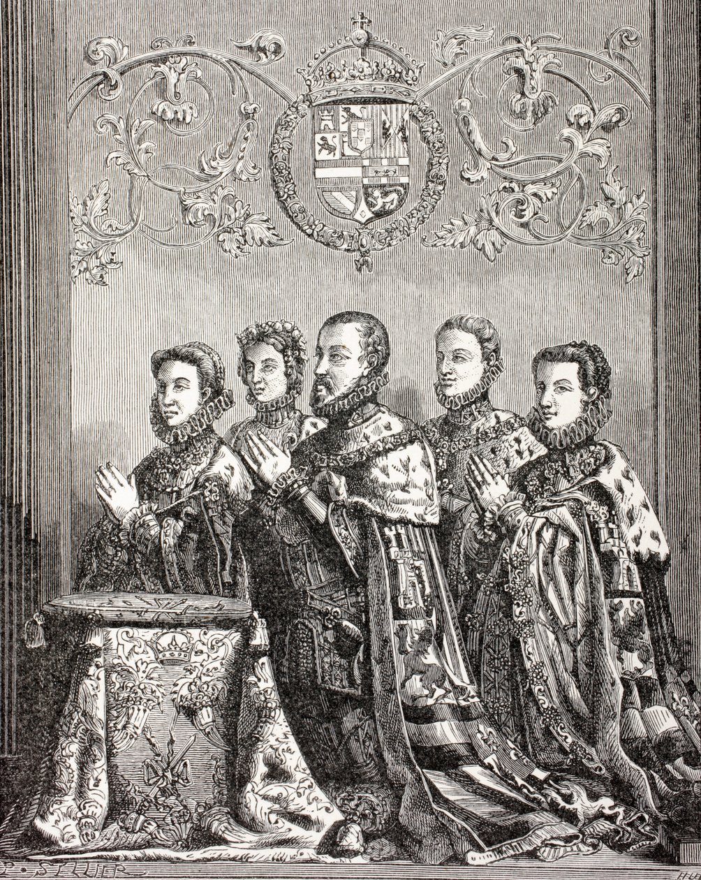 O rei Filipe II da Espanha com suas três esposas, de "A vida militar e religiosa na Idade Média" de Paul Lacroix, publicou Londres c.1880 de French School